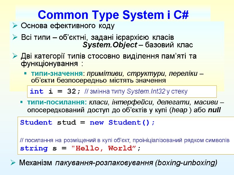 Common Type System і С# Основа ефективного коду Всі типи – об’єктні, задані ієрархією